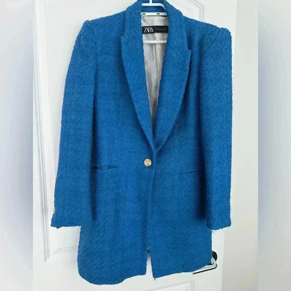 ZARA Royal Blue  Tweed Blazer with gold buttons sz medium